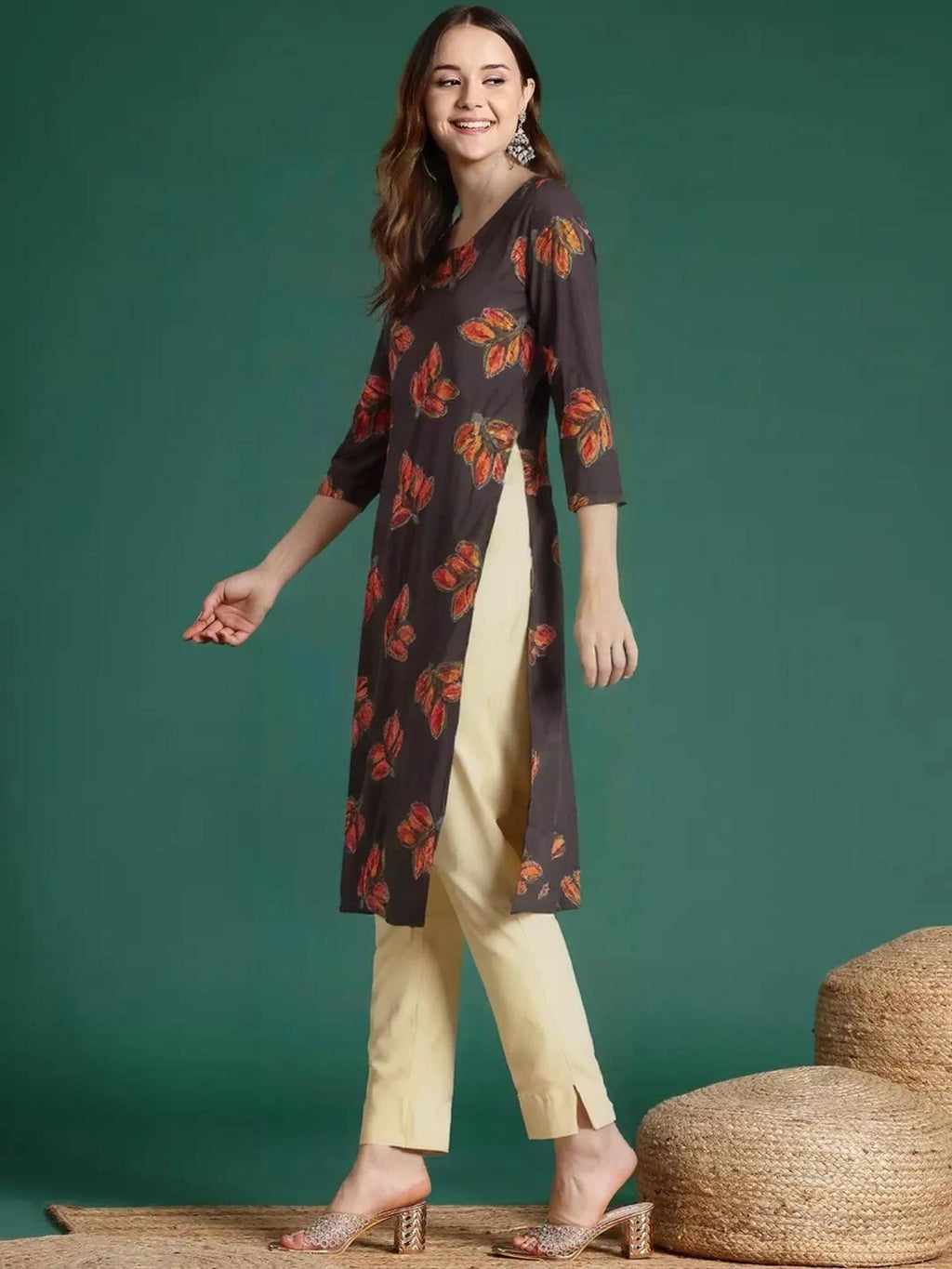 Women Stylish Crepe Printed Straight Kurta - Brown | FY93 - view 2