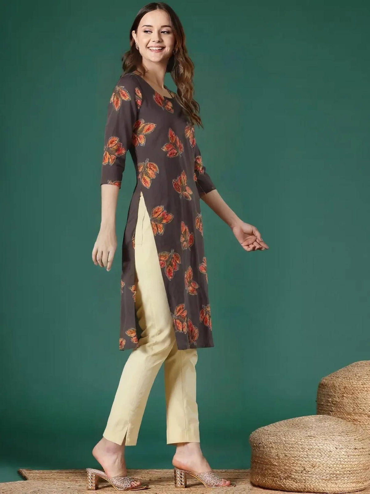 Women Stylish Crepe Printed Straight Kurta - Brown | KDG - view 3