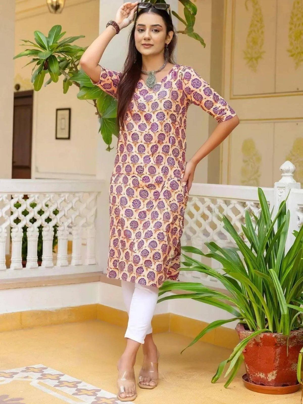 Women Stylish Crepe Printed Straight Kurta - Beige | FY93 - view 1