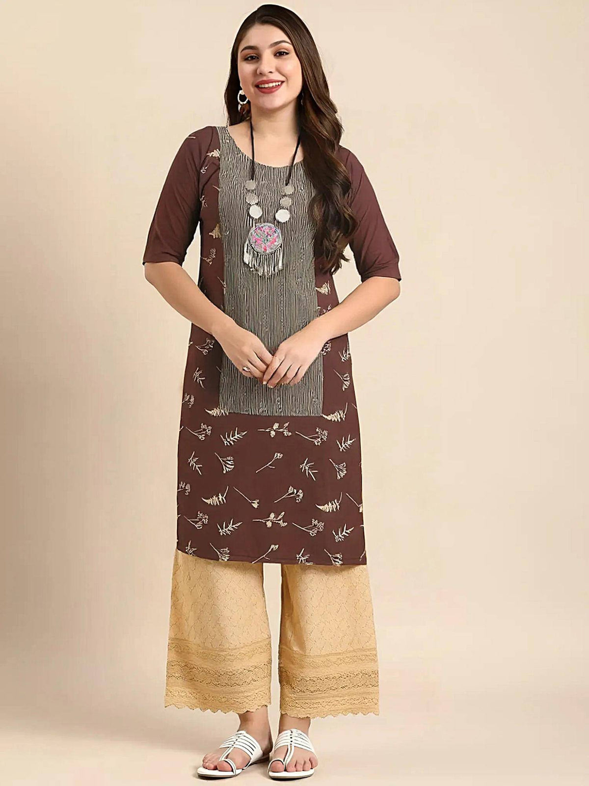 Women Stylish Crepe Printed Straight Kurta - Brown | KDG - view 1