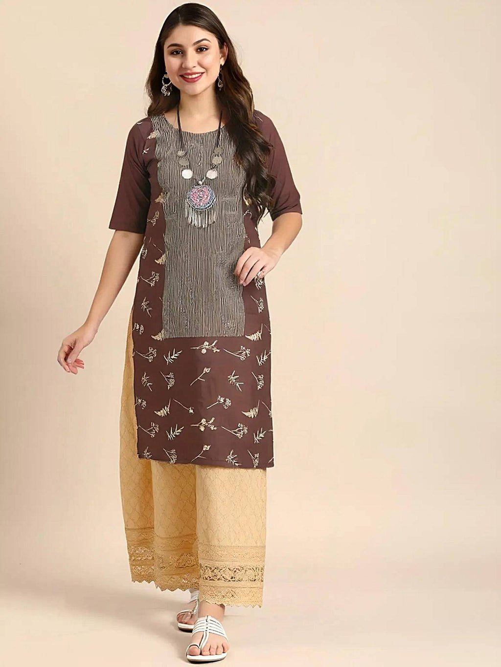Women Stylish Crepe Printed Straight Kurta - Brown | KDG - view 2