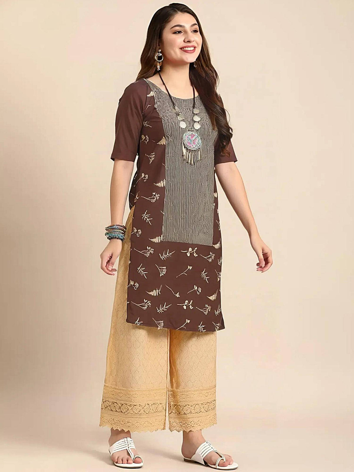 Women Stylish Crepe Printed Straight Kurta - Brown | KDG - view 3