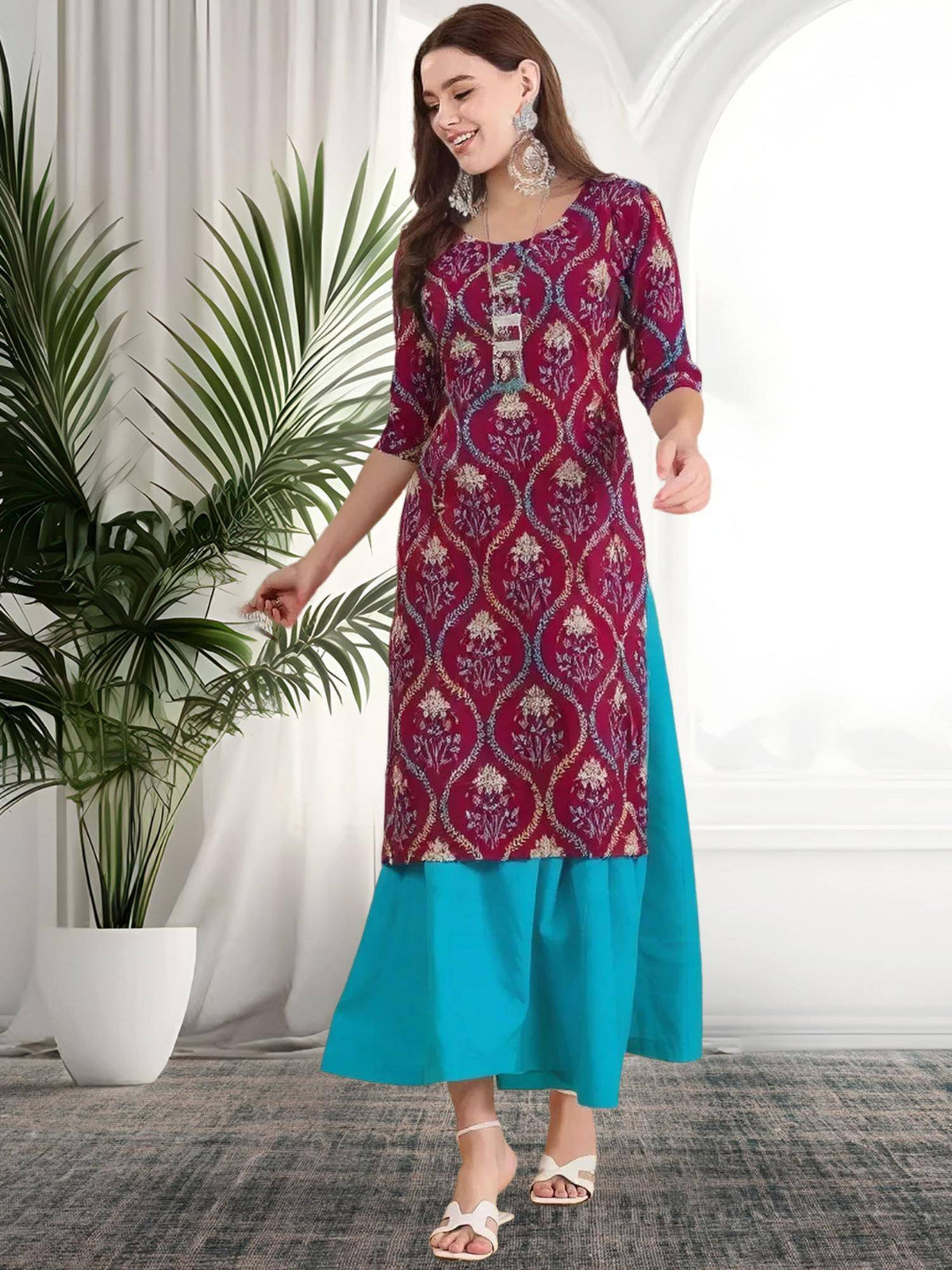 Women Stylish Crepe Printed Straight Kurta - Maroon | FY93 - view 1