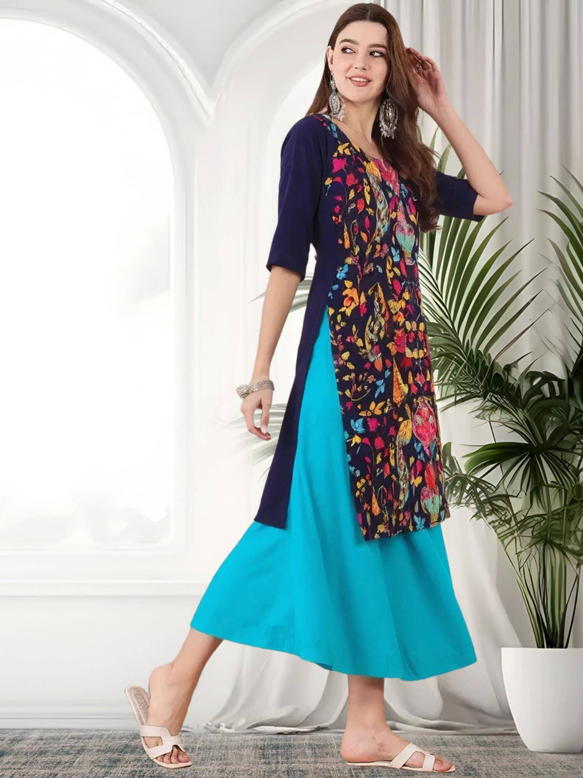 Women Stylish Crepe Printed Straight Kurta - Navy Blue | KDG - view 2