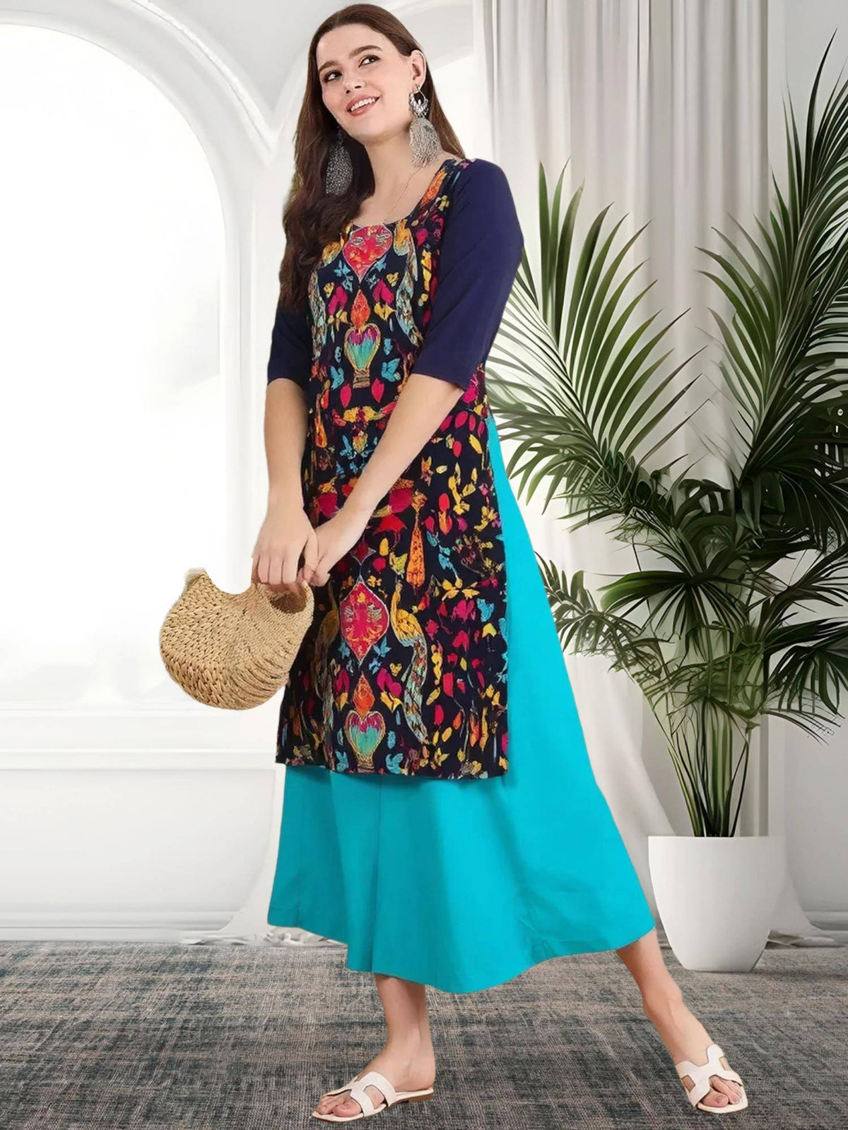 Women Stylish Crepe Printed Straight Kurta - Navy Blue | KDG - view 3