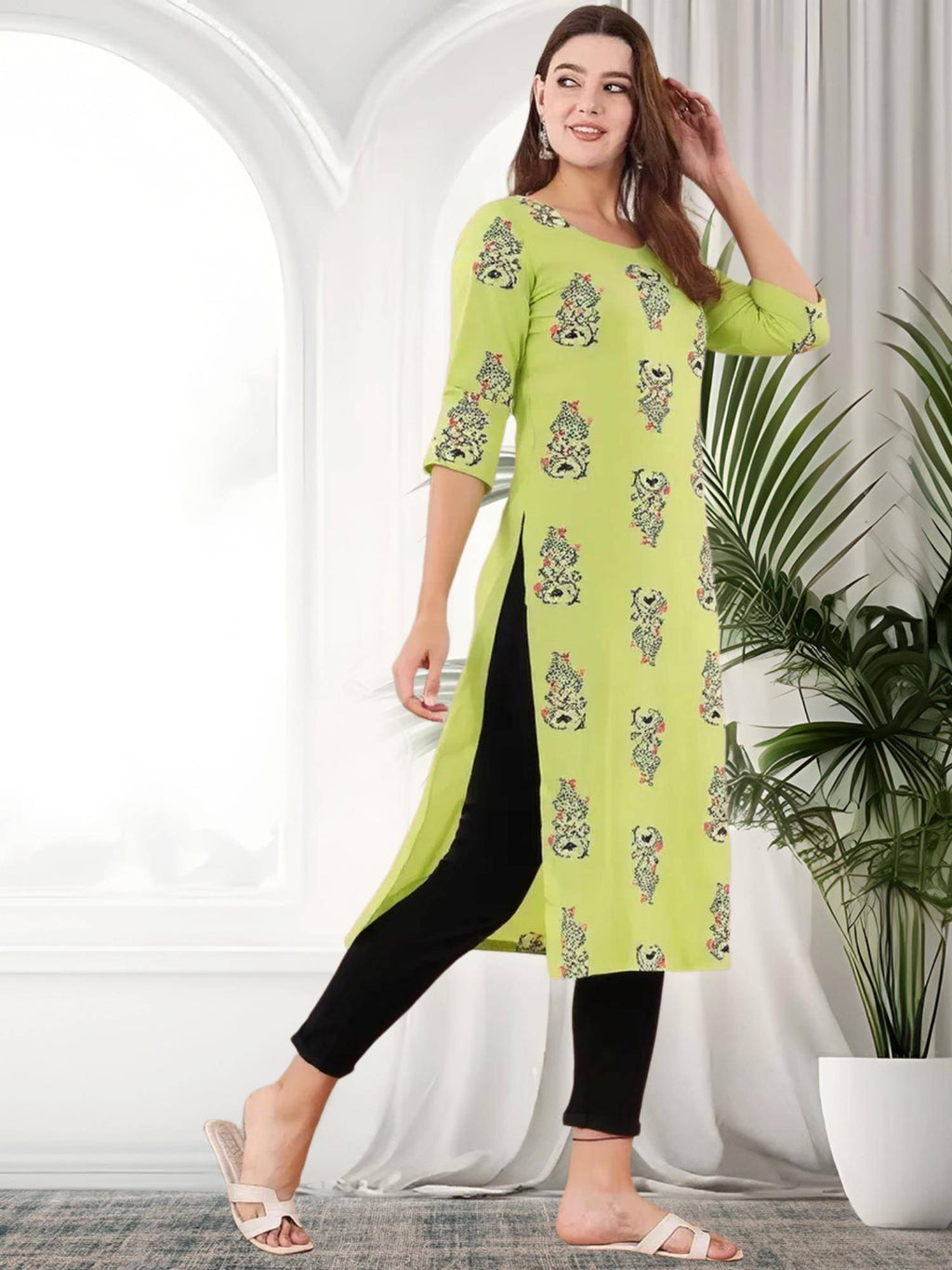 Women Stylish Crepe Printed Straight Kurta - Green | FY93 - view 2