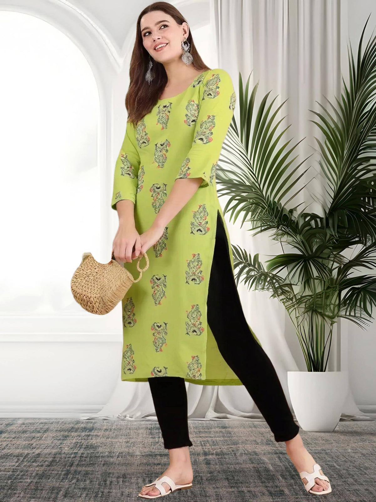 Women Stylish Crepe Printed Straight Kurta - Green | FY93 - view 3