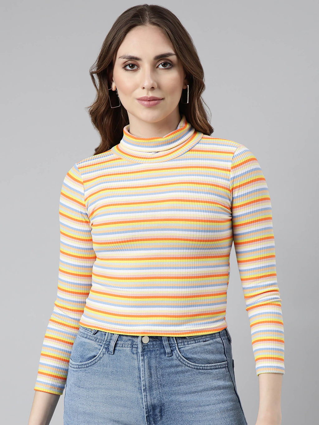 Womens Striped Orange Fitted Crop Top | CT61 - view 2