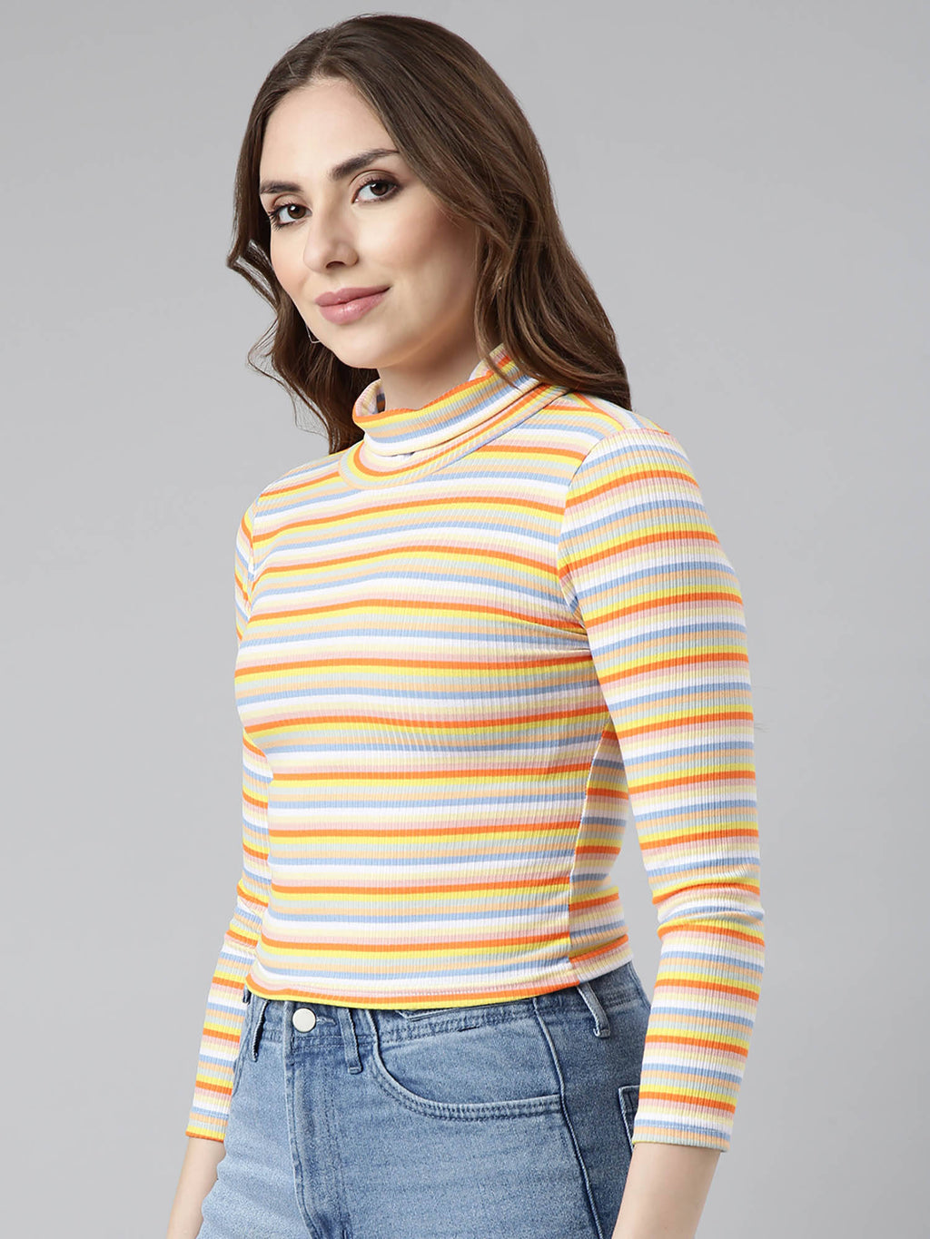 Womens Striped Orange Fitted Crop Top | CT61 - view 3