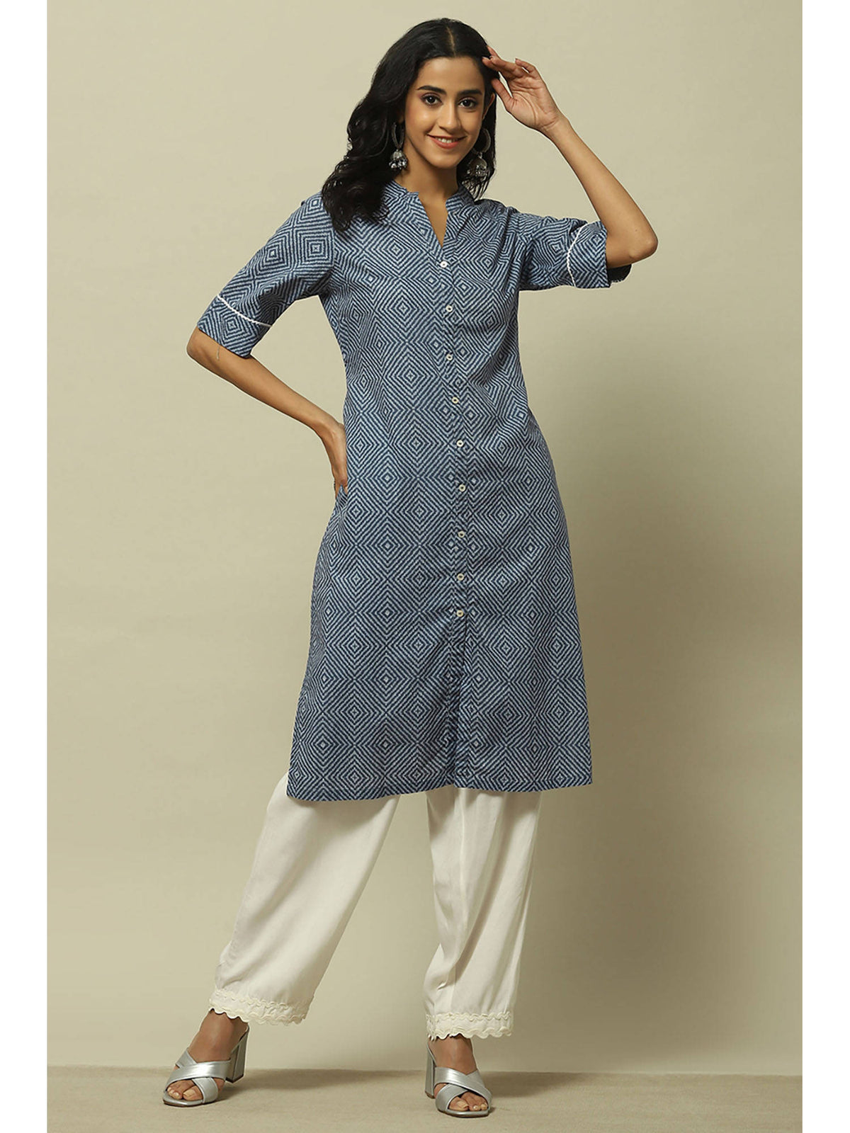Indigo Blue Cambric Straight Kurta | FY93 - view 1