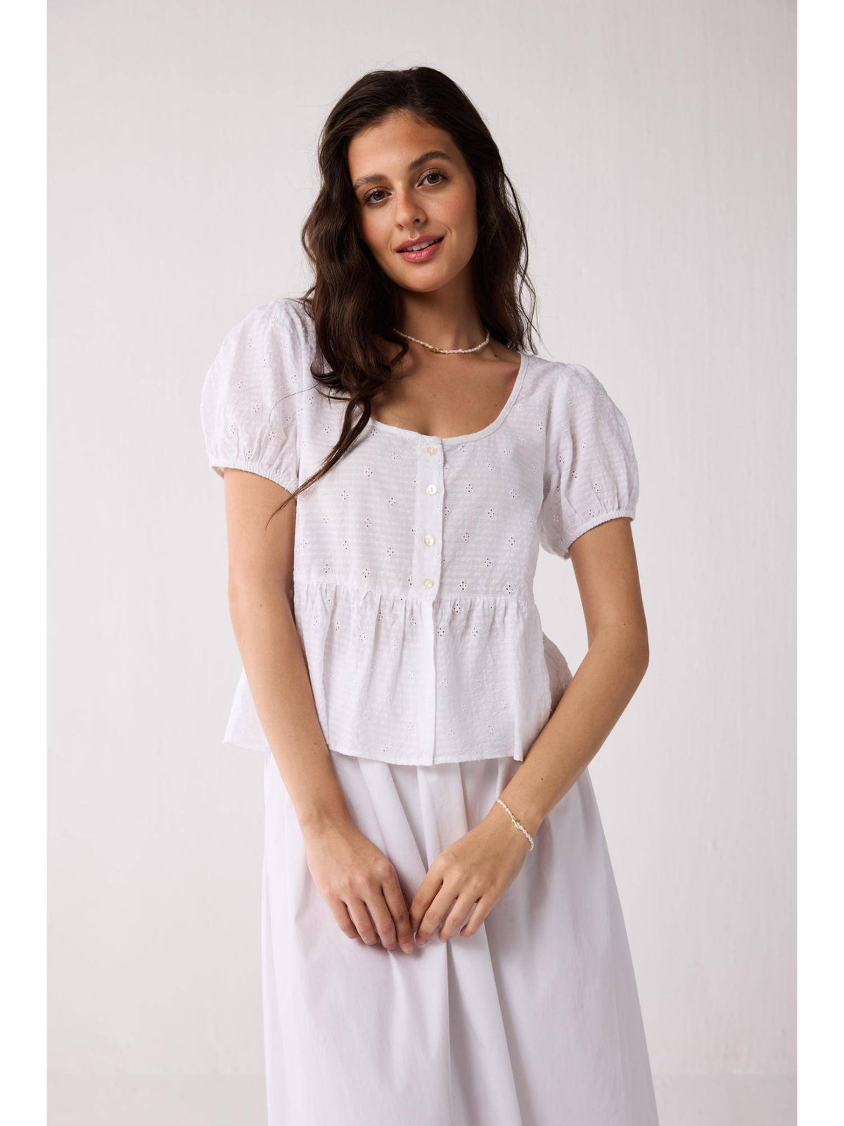 Embroidered Peplum Top with Puff Sleeves In White | pt51 - view 1