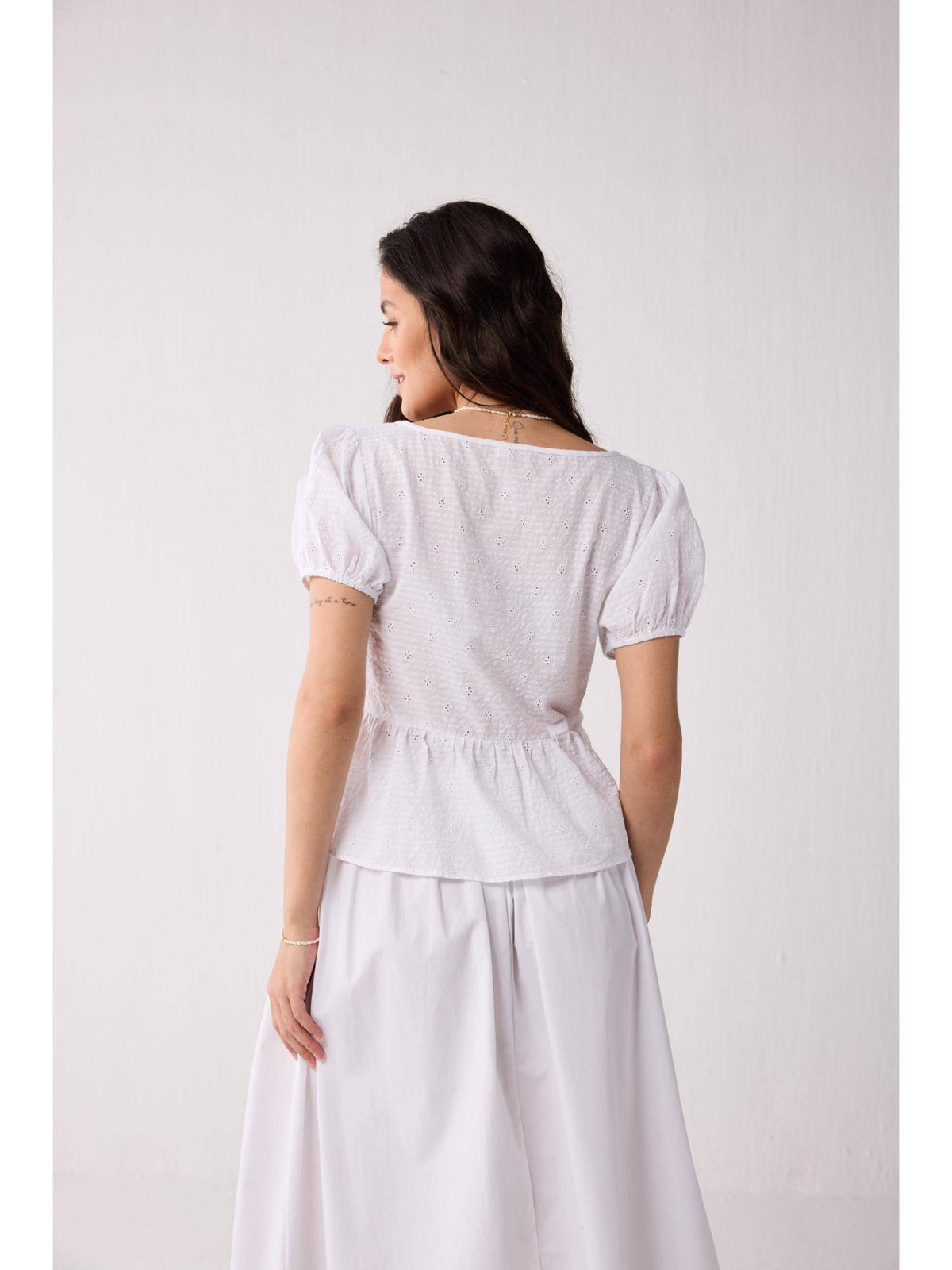 Embroidered Peplum Top with Puff Sleeves In White | pt51 - view 2
