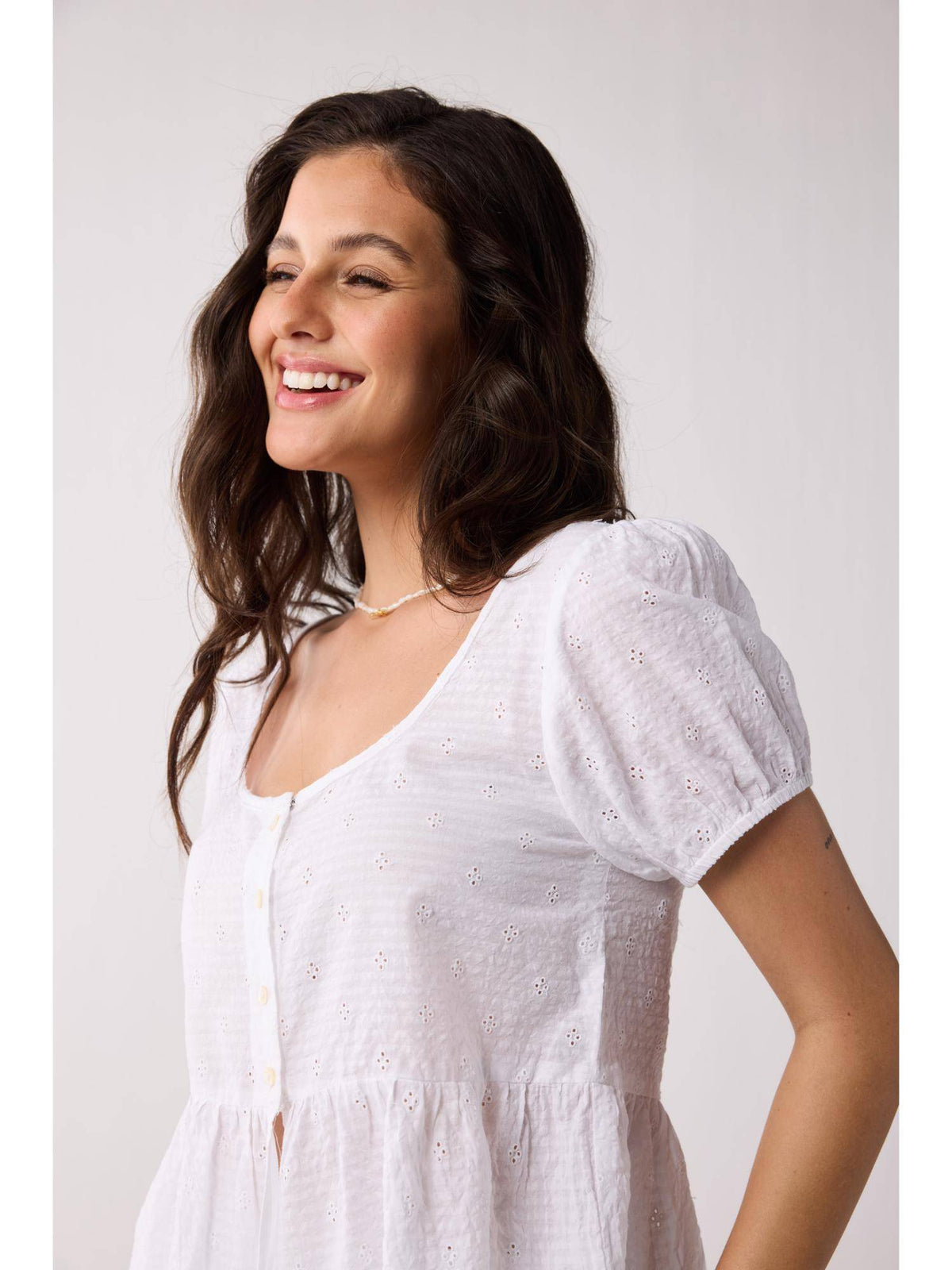 Embroidered Peplum Top with Puff Sleeves In White | pt51 - view 3