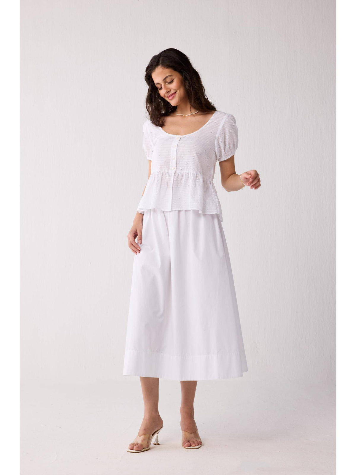 Embroidered Peplum Top with Puff Sleeves In White | pt51 - view 4