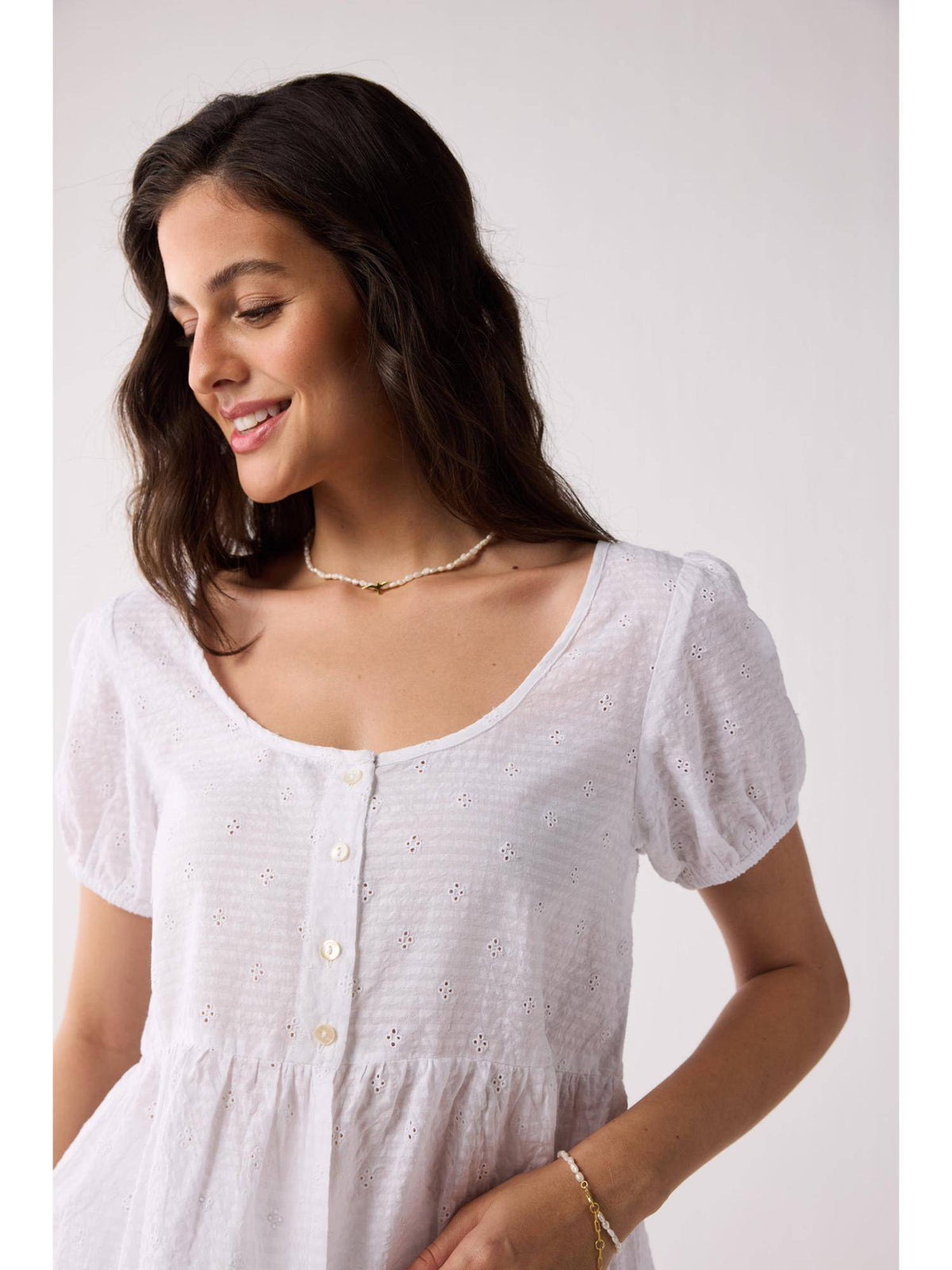 Embroidered Peplum Top with Puff Sleeves In White | pt51 - view 5
