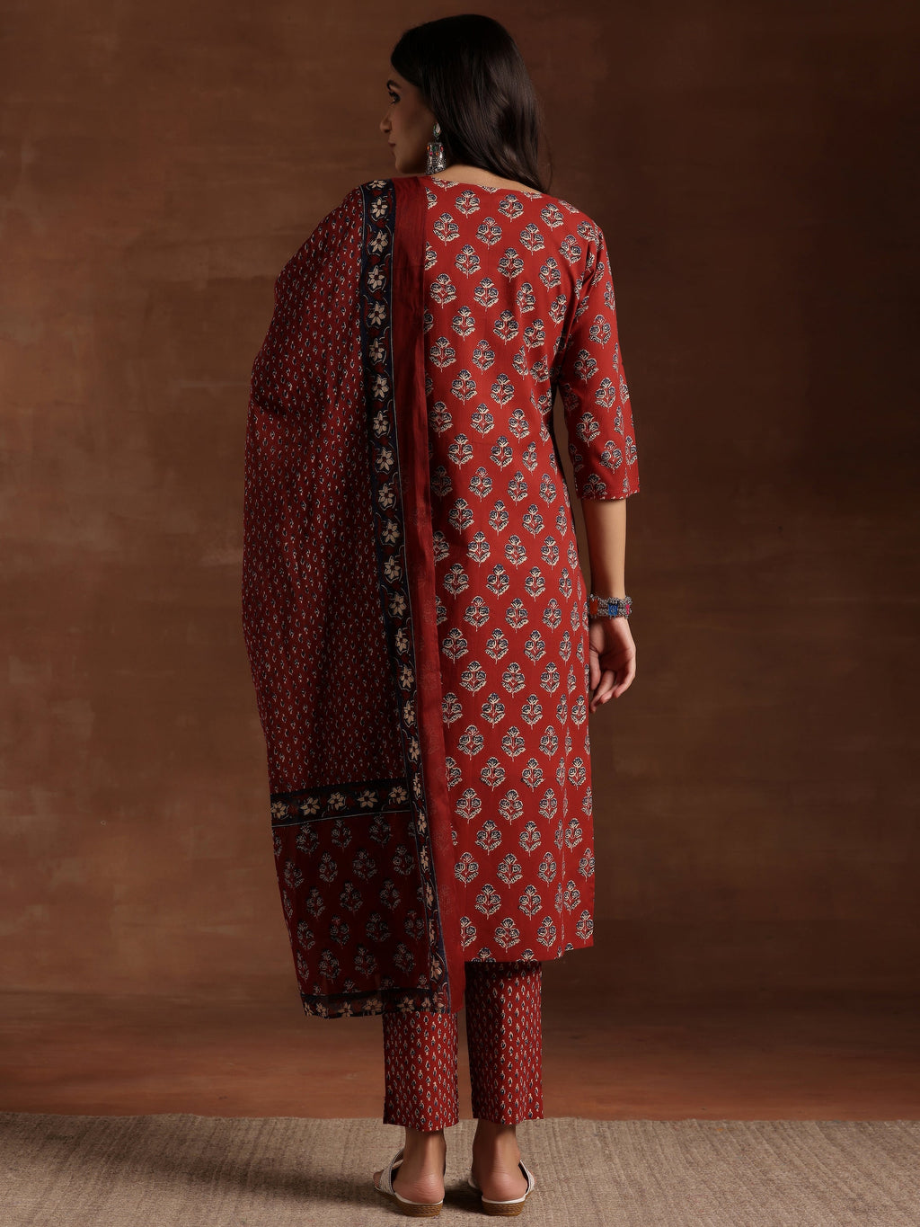 Libas Rust Printed Cotton Straight Suit With Dupatta