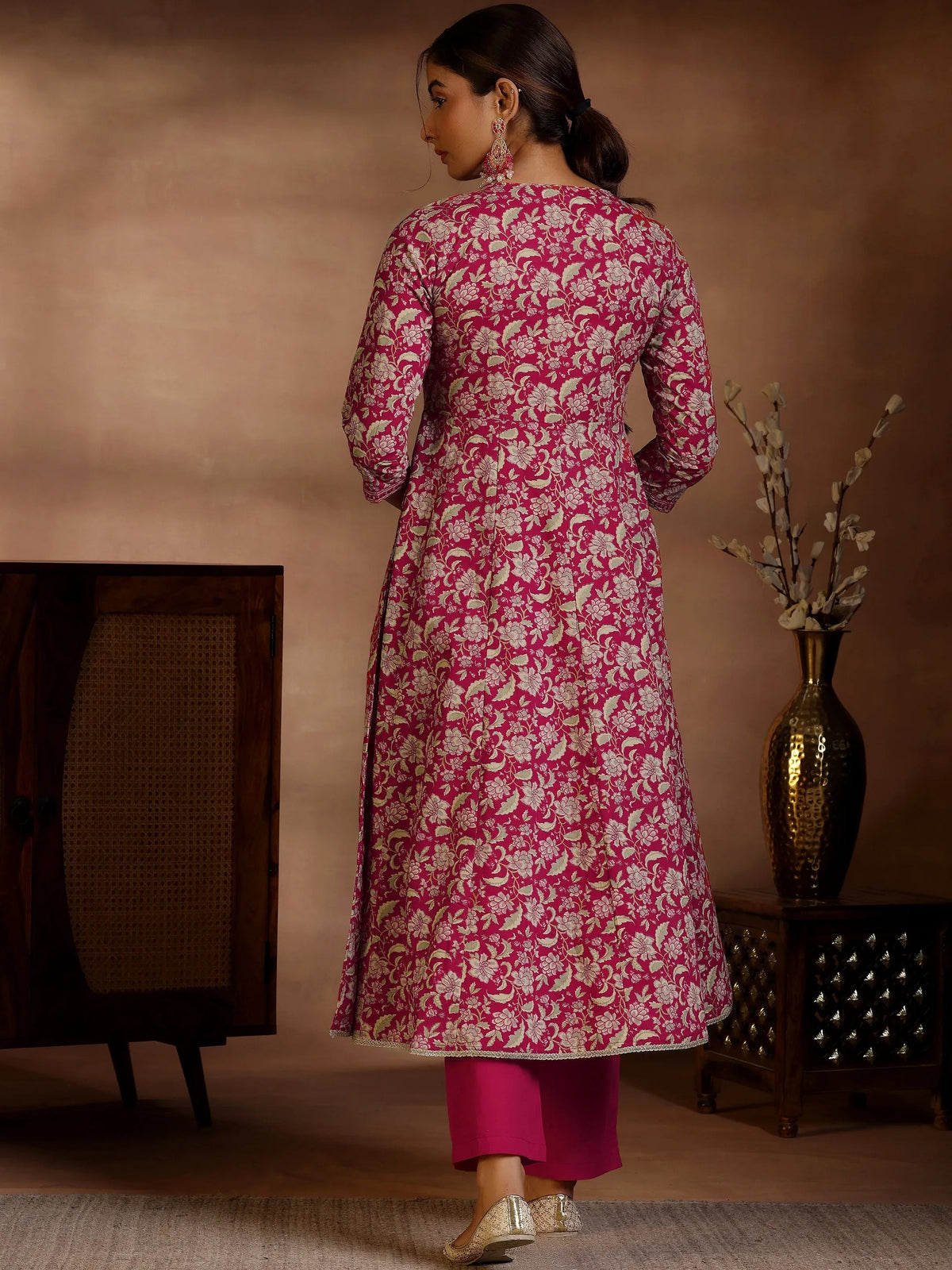 Libas Pink Printed Cotton Anarkali Kurta Set