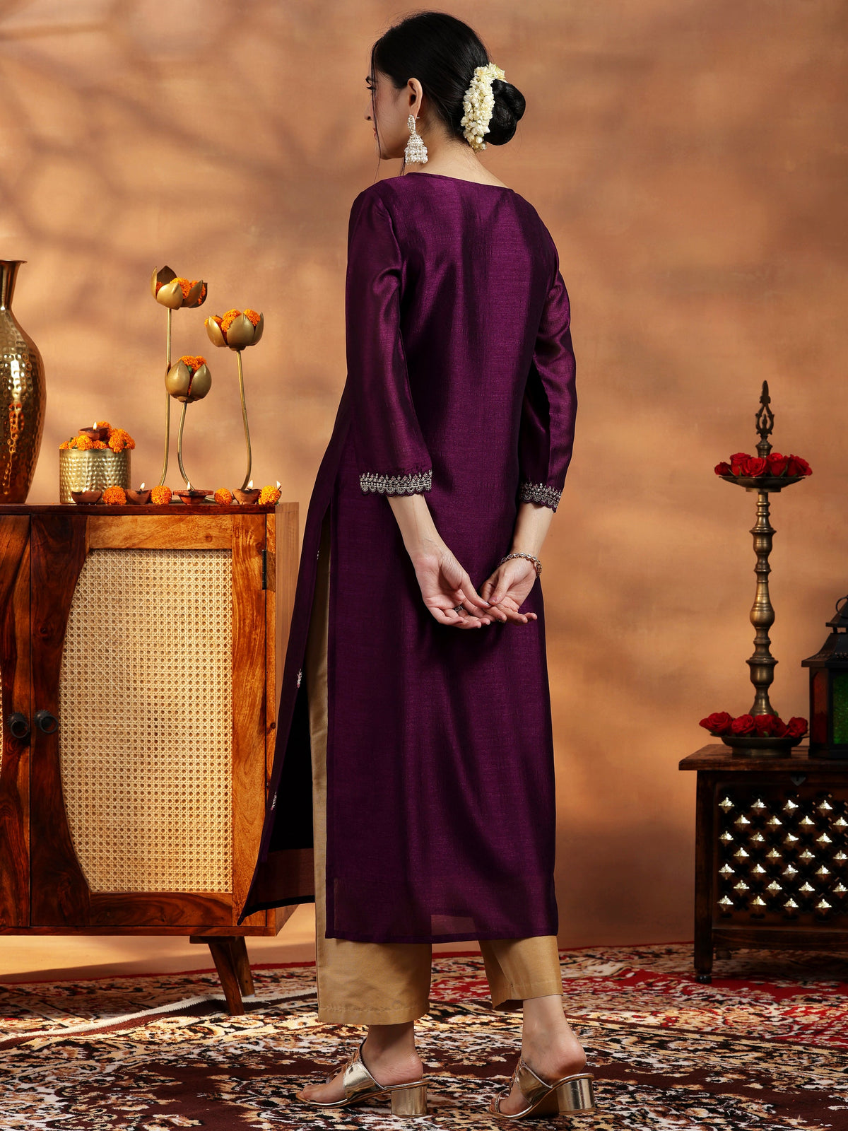 Libas Burgundy Embroidered Silk Straight Kurta