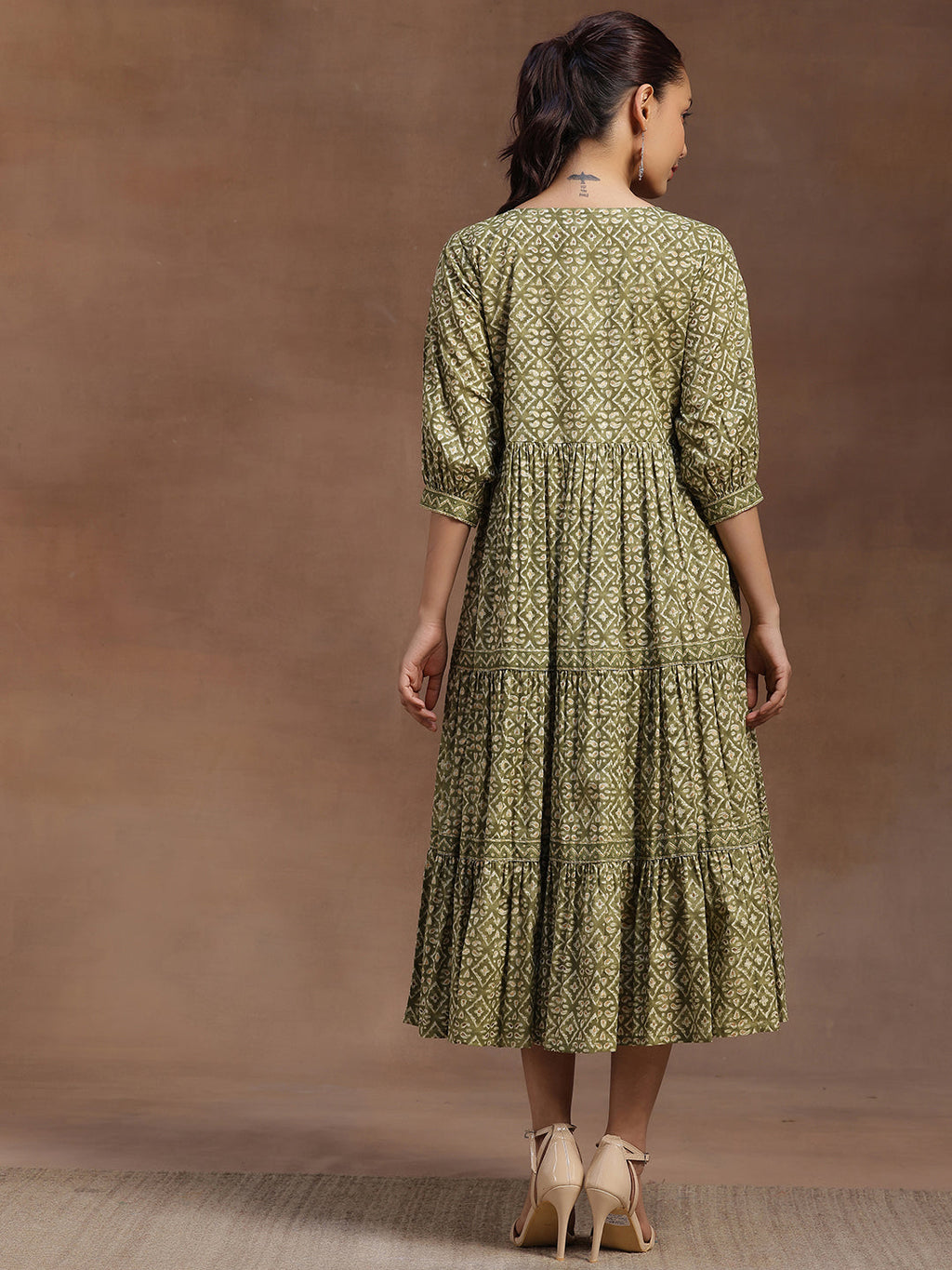 Libas Green Printed Cotton A-Line Dress