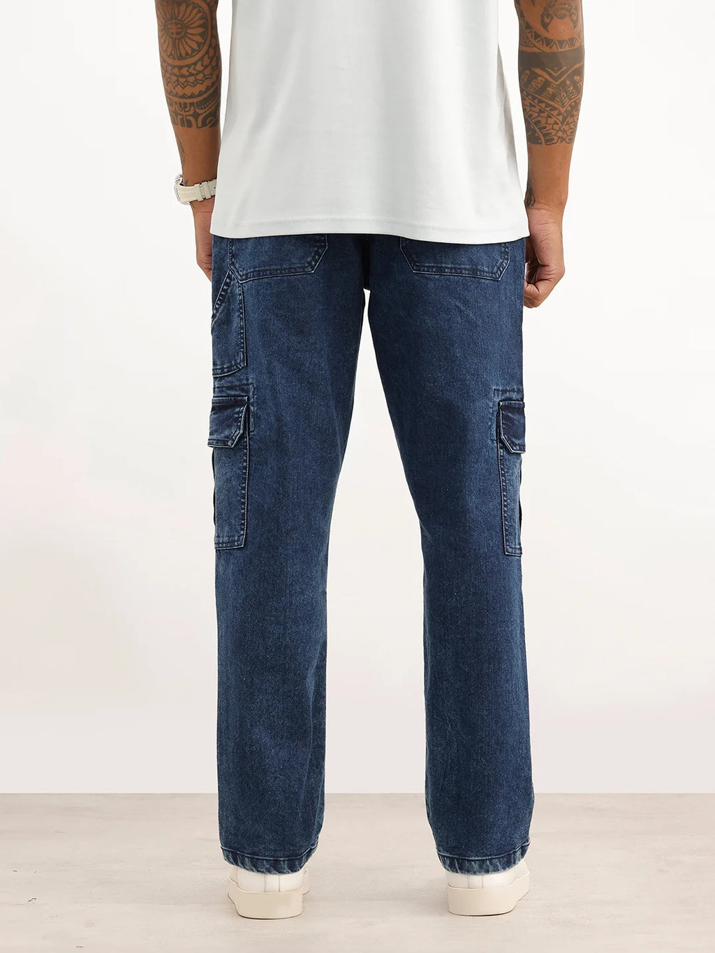 Solid Cargo Fit Denim Jeans | Blue