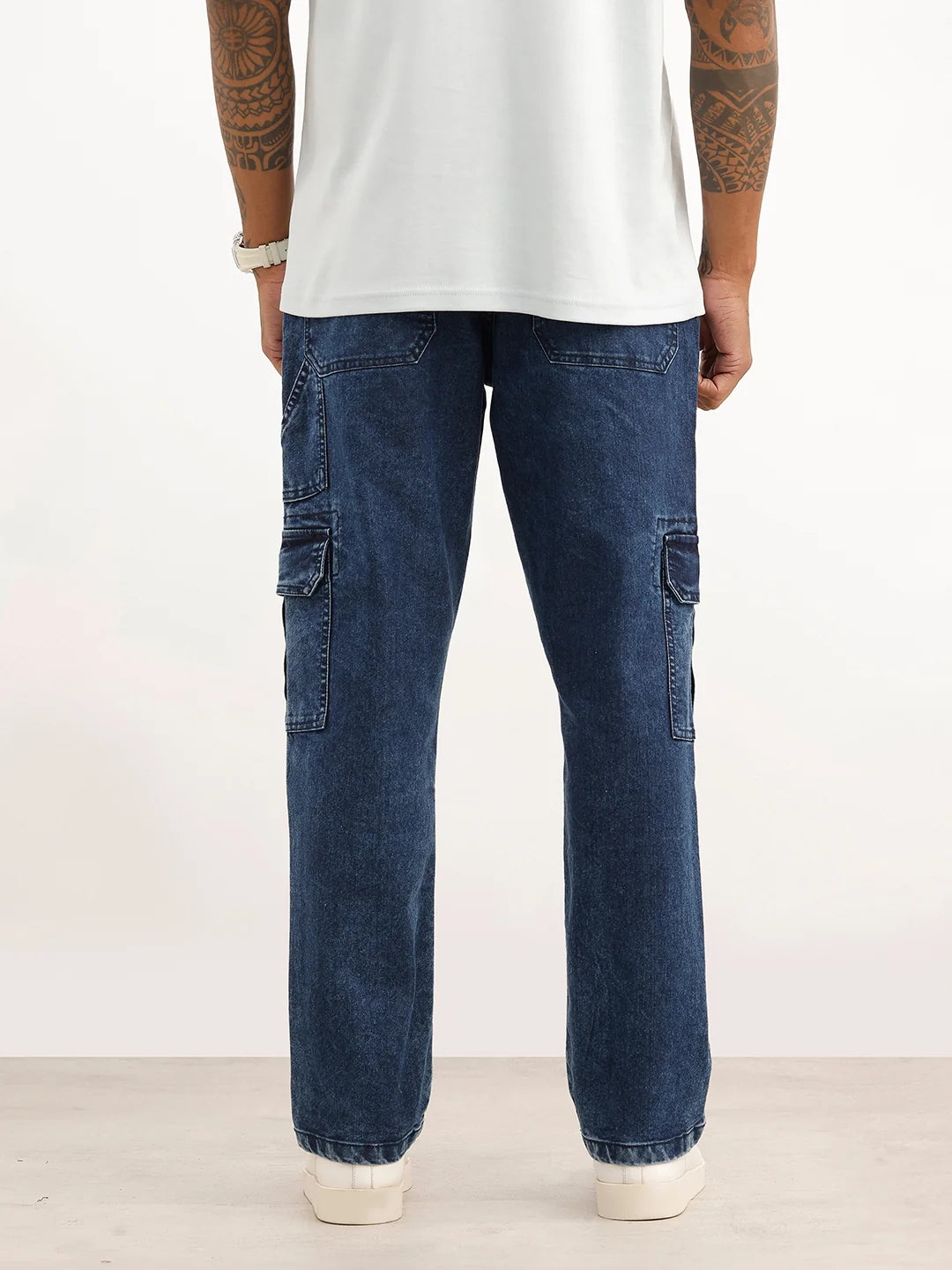 Solid Cargo Fit Denim Jeans | Blue