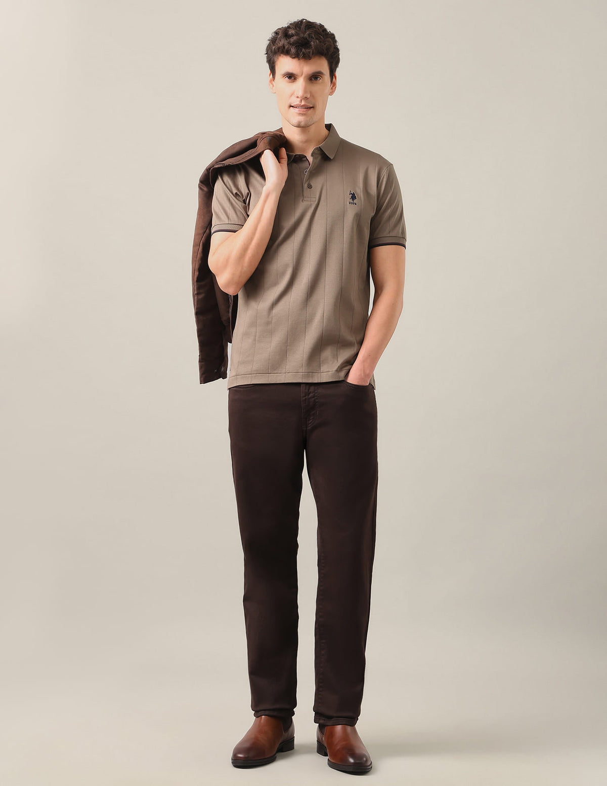 Vertical Striped Patterned Knit Slim Fit Polo Shirt USP0