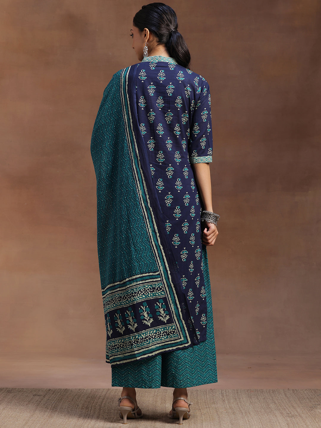 Libas Blue Printed Cotton Straight Suit With Dupatta