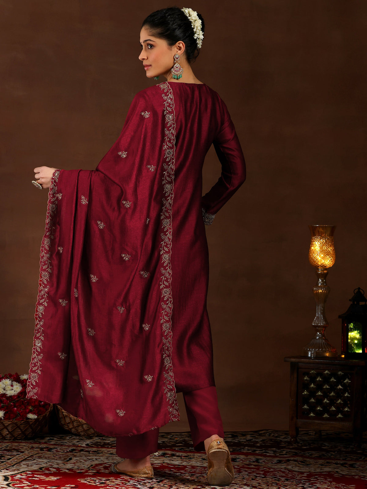 Libas Maroon Embroidered Silk Blend Straight Suit With Dupatta