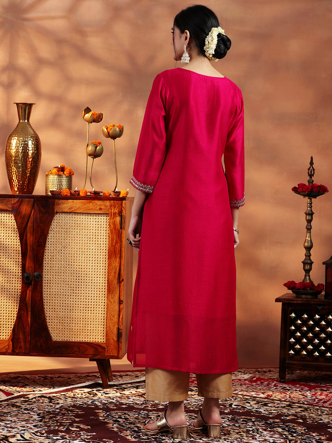 Libas Red Embroidered Silk Straight Kurta