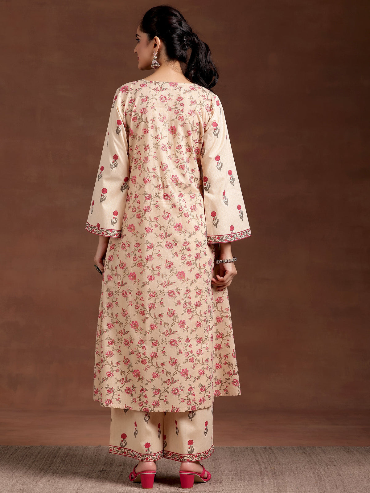 Libas Beige Printed Cotton A-Line Kurta With Palazzos