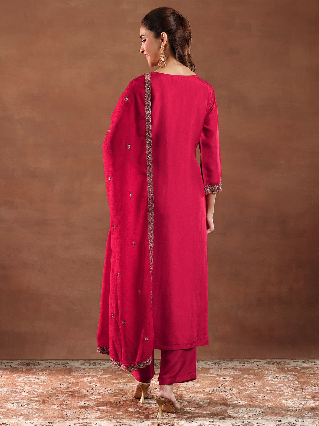 Libas Red Woven Design Silk Blend Straight Suit With Dupatta