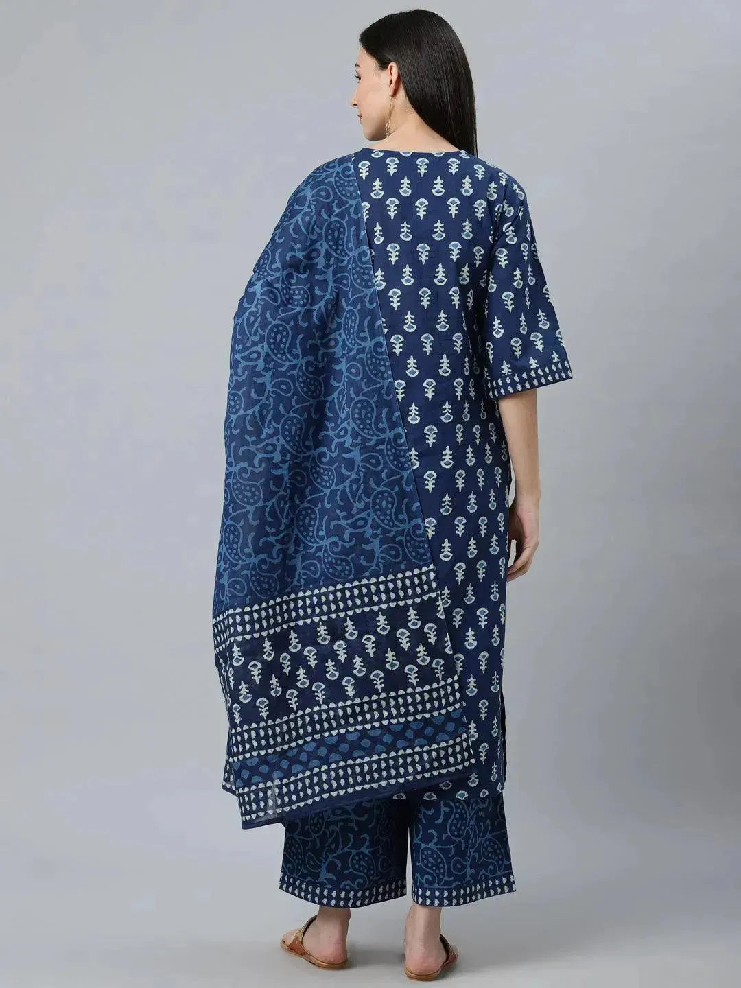 Libas Blue Printed Cotton Straight Suit Set With Dupatta