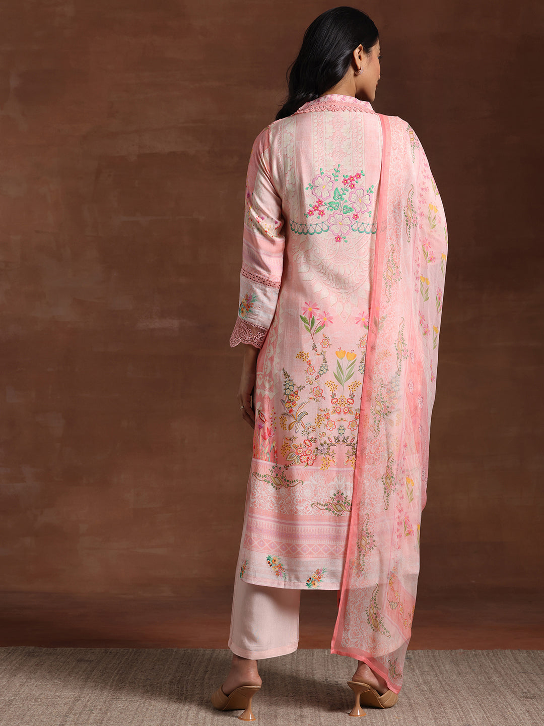 Libas Pink Printed Silk Blend Straight Suit With Dupatta