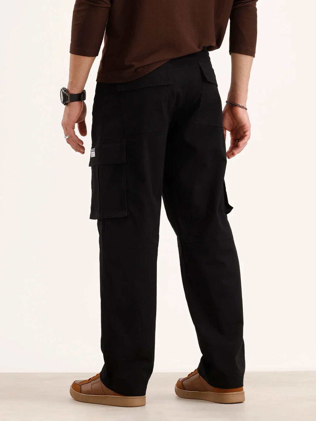 Solid Loose Fit Cargo Trouser | Black