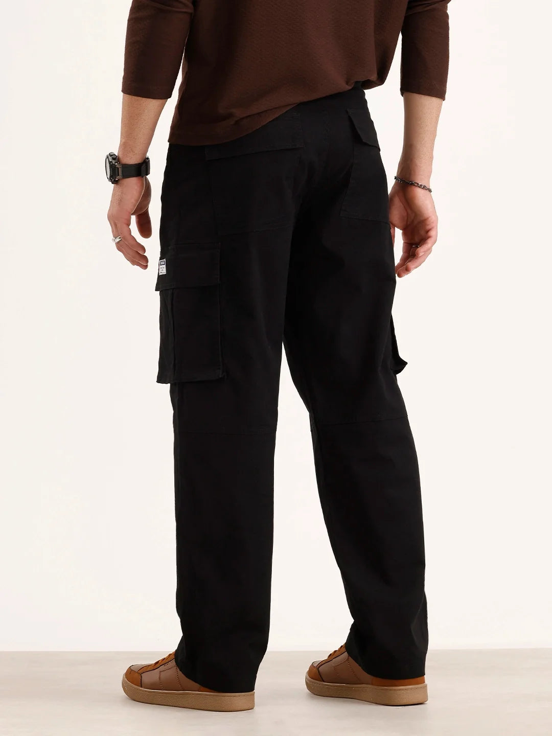 Solid Loose Fit Cargo Trouser | Black