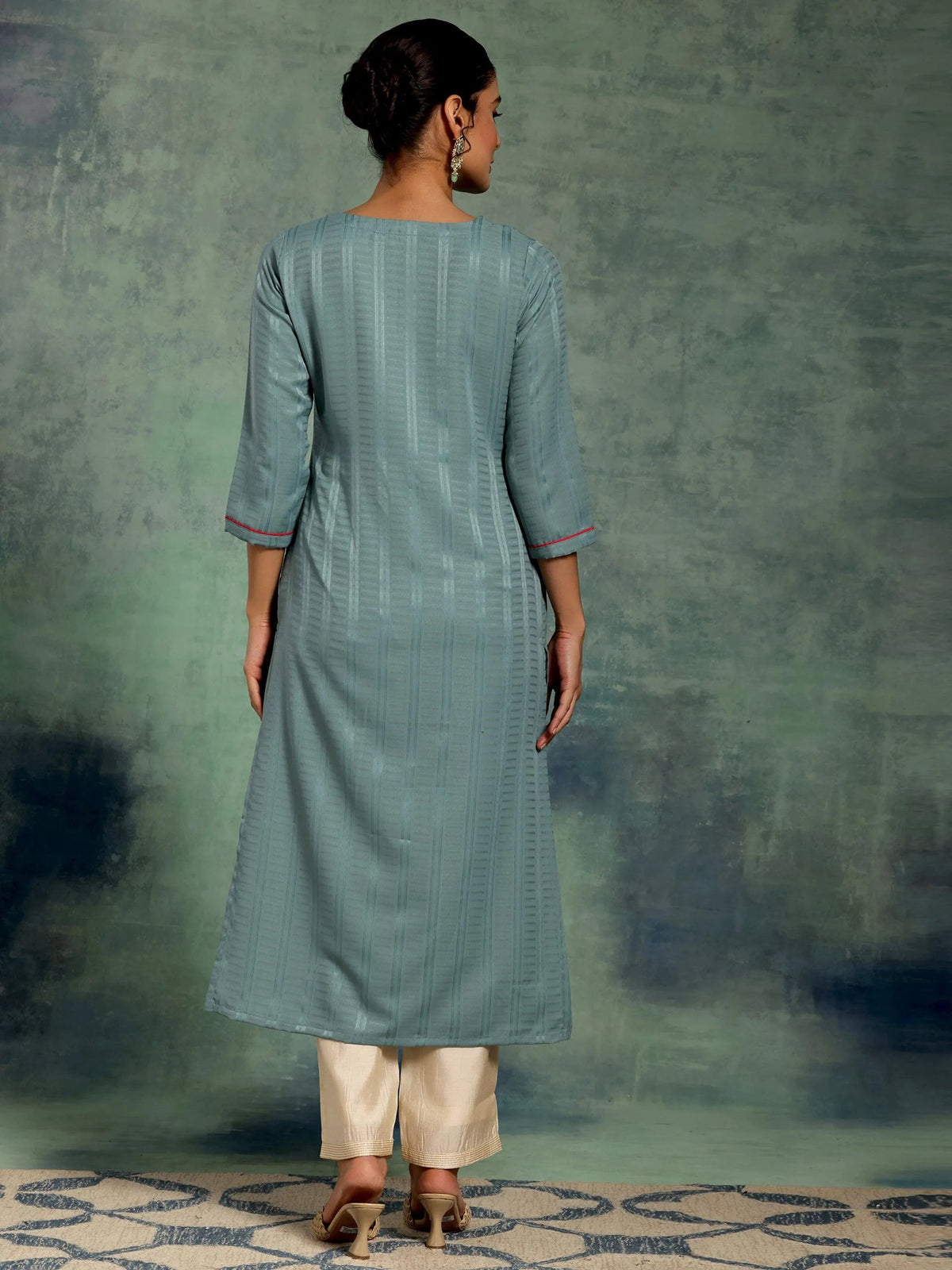 Libas Blue Yoke Design Silk Straight Kurta