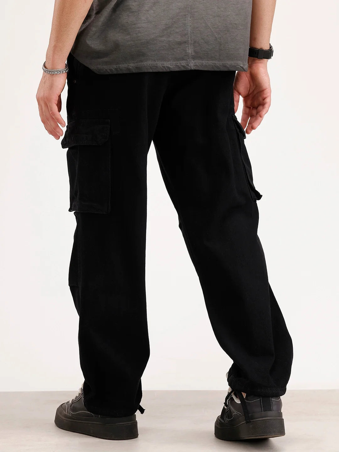 Solid Loose Fit Denim Cargo | Black