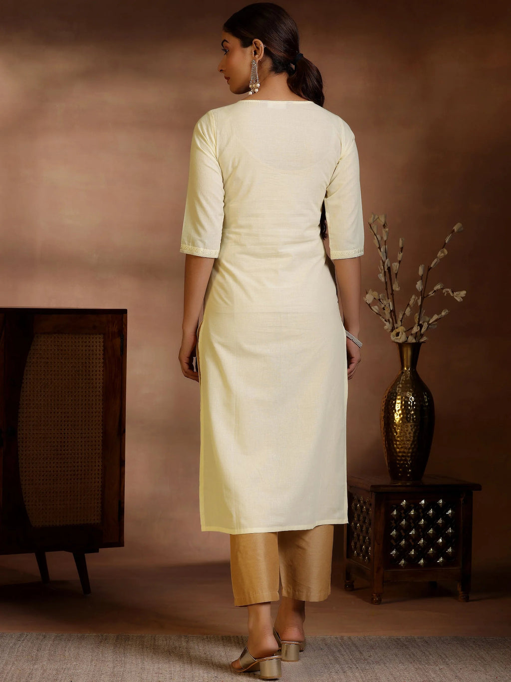 Libas Off White Yoke Design Cotton Straight Kurta