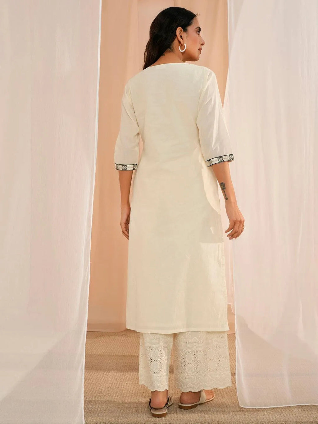 Libas Off White Yoke Design Cotton Straight Kurta