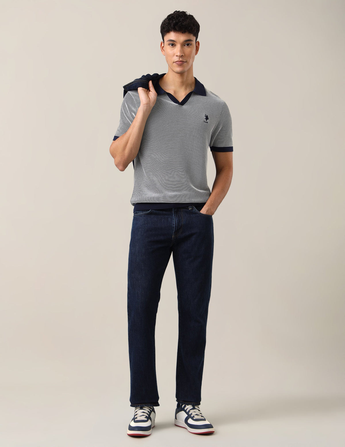 Horizontal Striped Patterned Knit Slim Fit Polo Shirt USP0