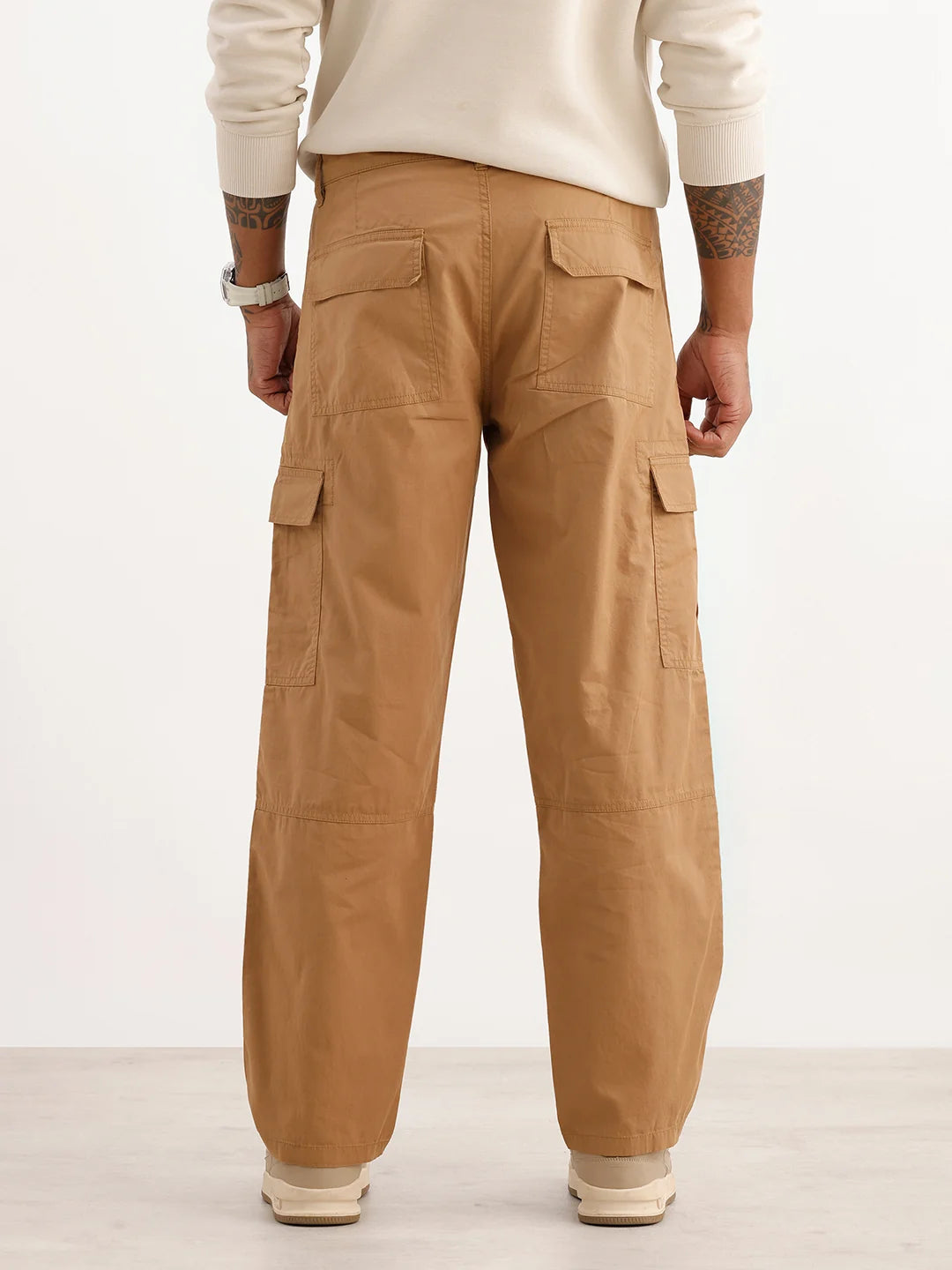Solid Loose Fit Cargo Trousers | Brown