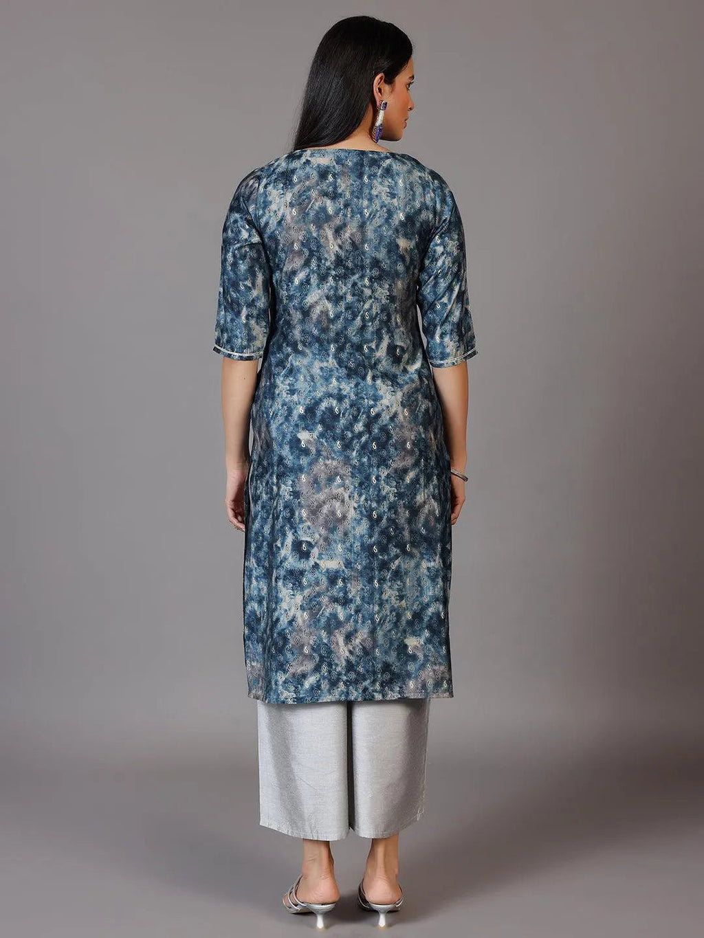 Libas Navy Blue Yoke Design Silk Straight Kurta