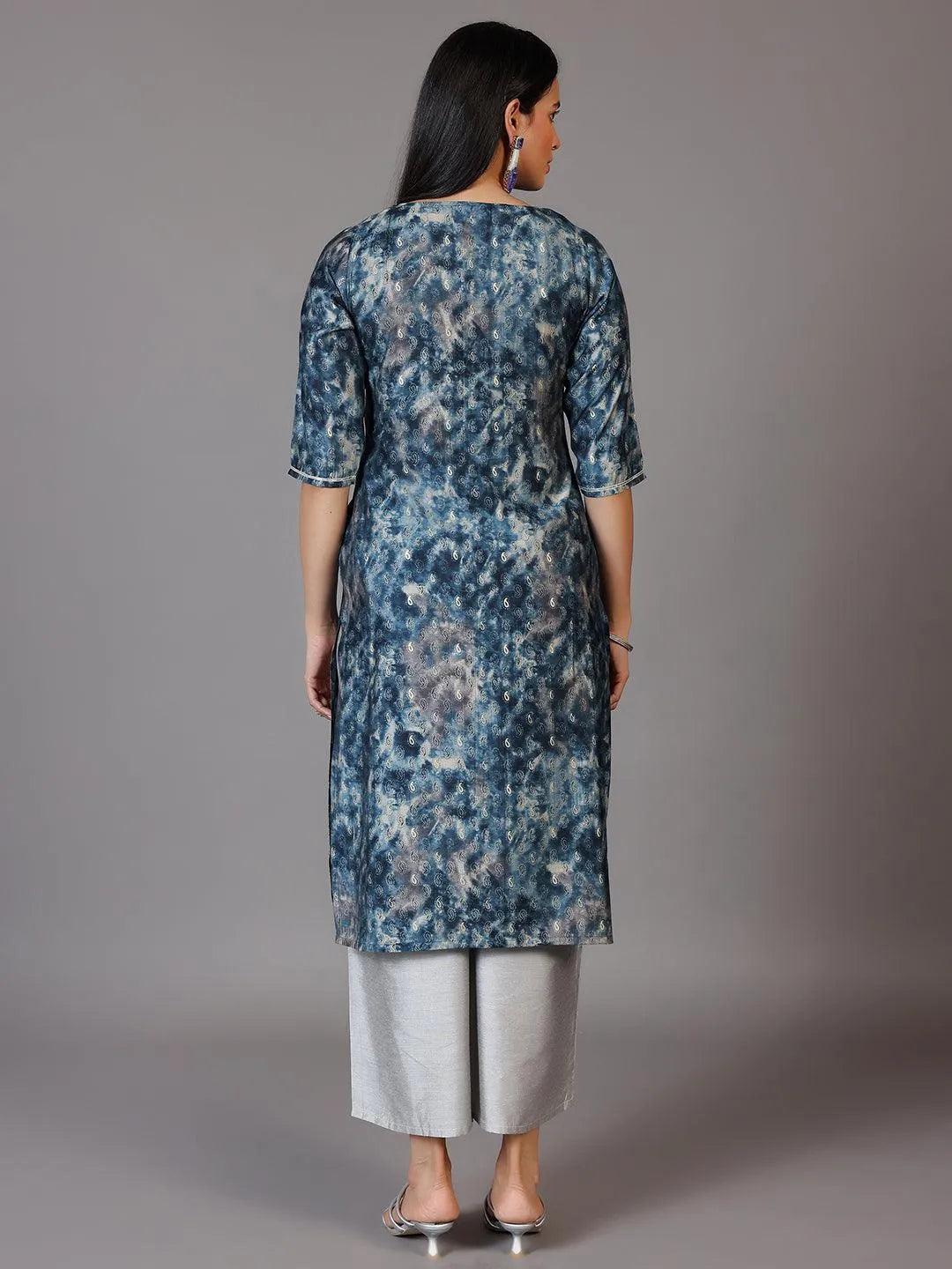 Libas Navy Blue Yoke Design Silk Straight Kurta