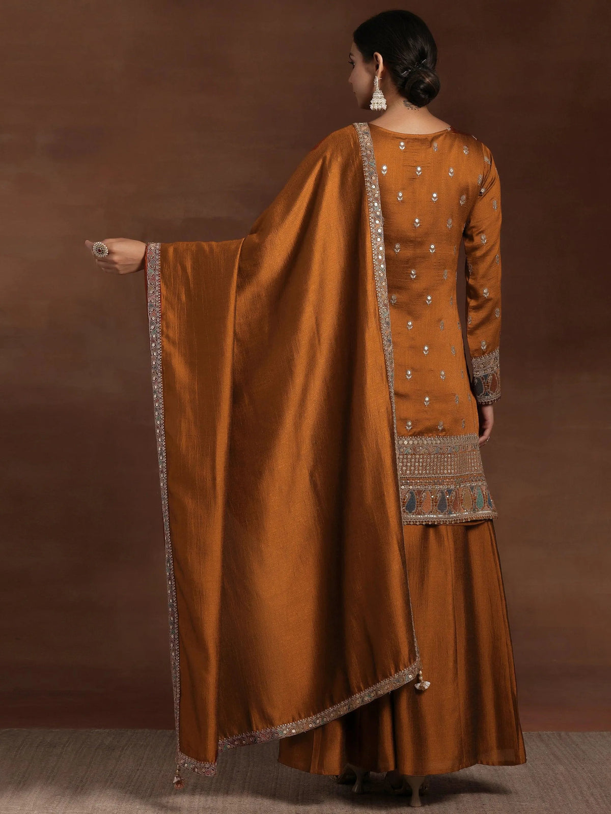 Libas Adaa Rust Embroidered Silk Blend Straight Kurta With Palazzos & Dupatta