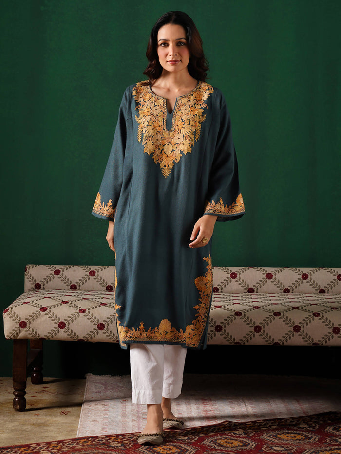 Aari Embroidered Grey Cashmilion Winter Kurta | FY93 - view 1