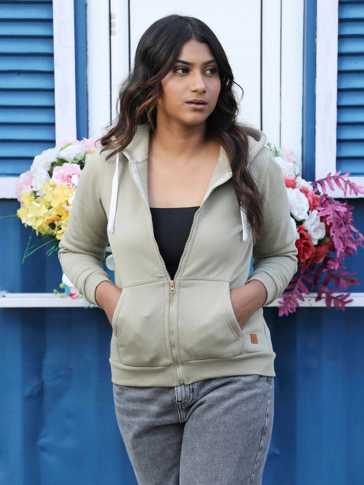 Womens Zip-Front Hoodie with Contrast Drawstring | HD56 - view 1