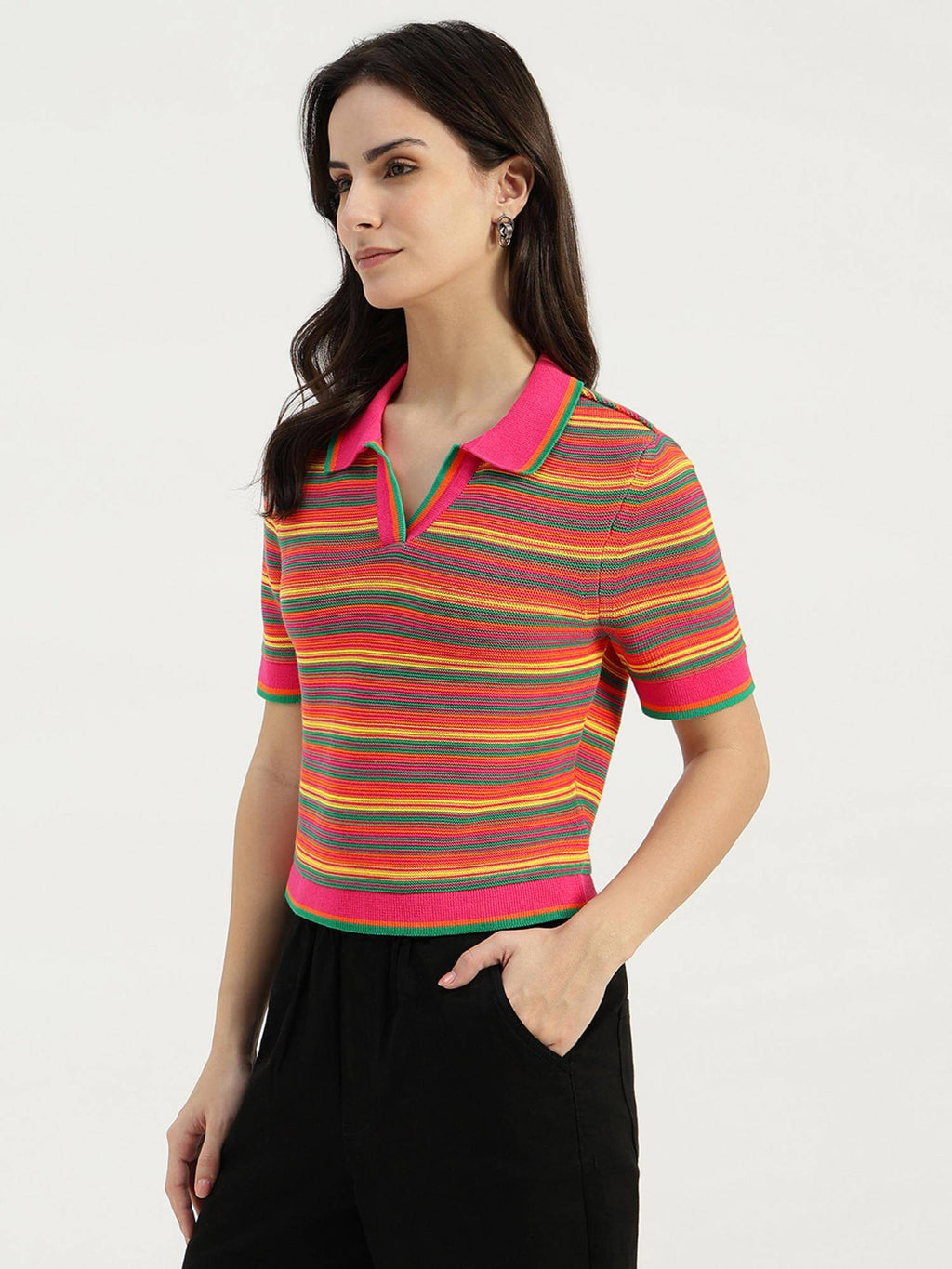 Pink Johny Collar Striped Polo T-Shirt | PW43 - view 2