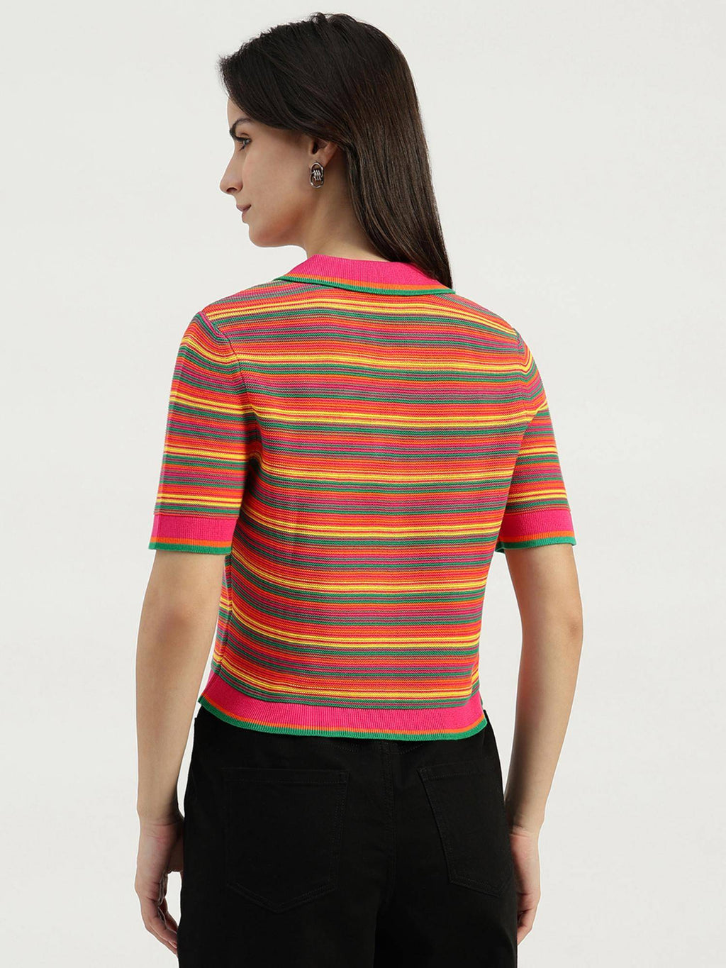 Pink Johny Collar Striped Polo T-Shirt | PW43 - view 3