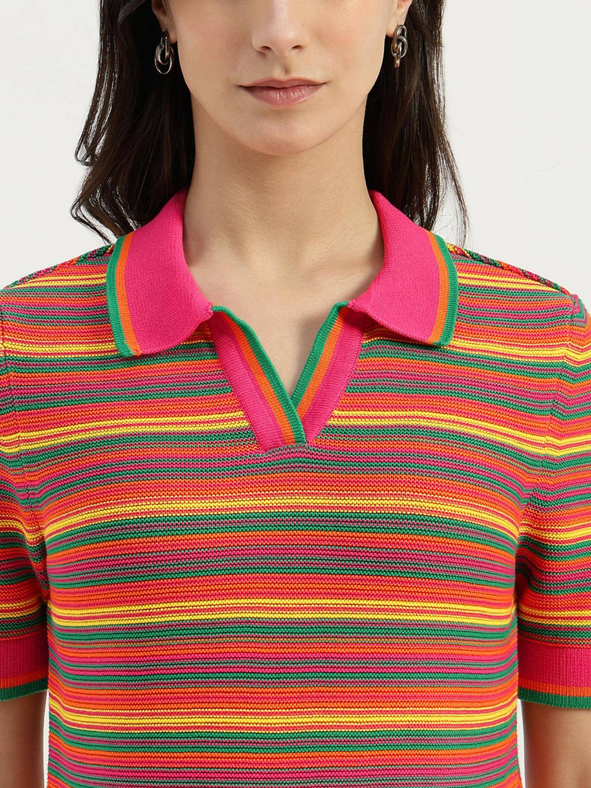 Pink Johny Collar Striped Polo T-Shirt | PW43 - view 5