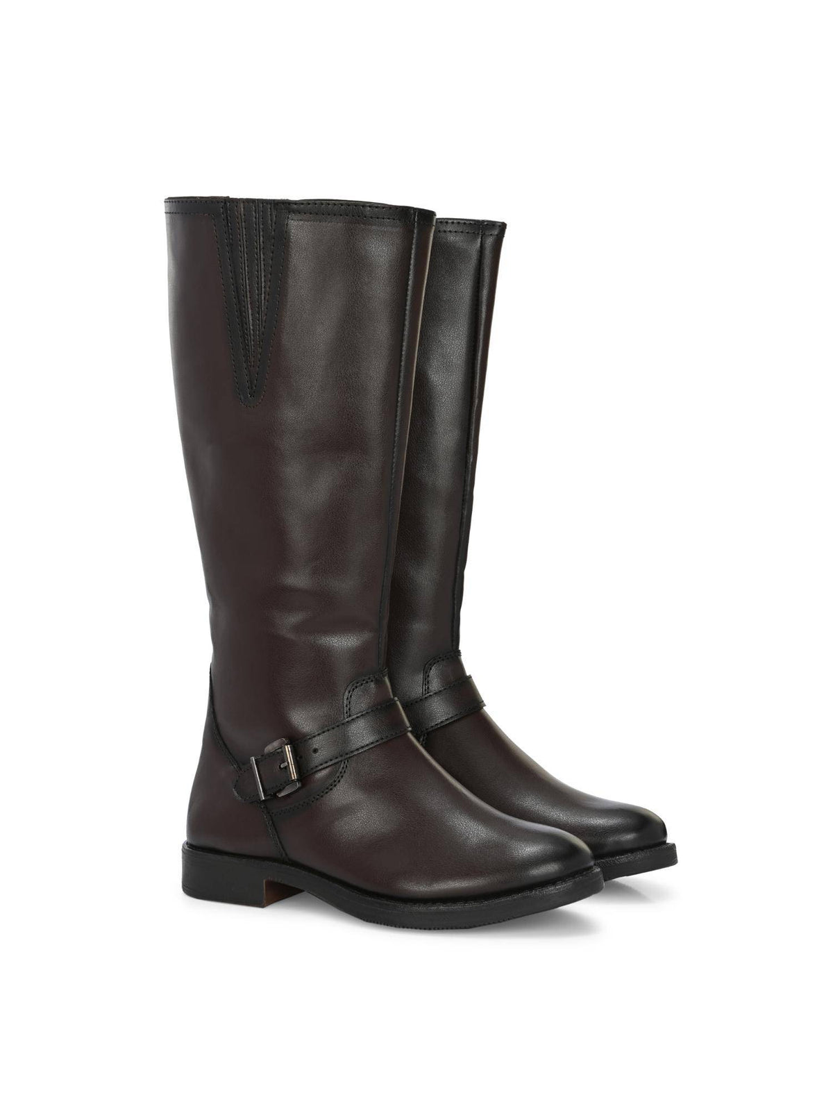 Brown Women Vegan Leather Low Heel Knee Buckle Boots | BT61 - view 1